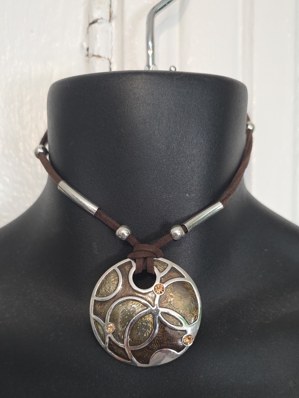 Brown Leather Cord Necklace with Silver-Tone Round Pendant